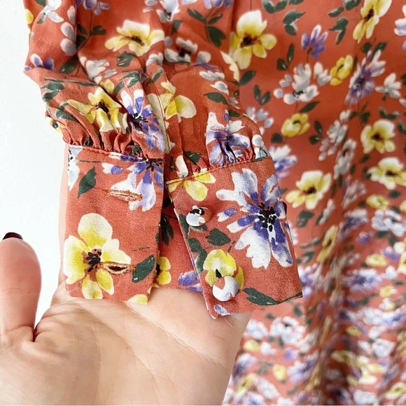 Yumi Kim So Amazing Rust Silk Floral Love Me Tender Dress Long Sleeves Pockets - Picture 9 of 14